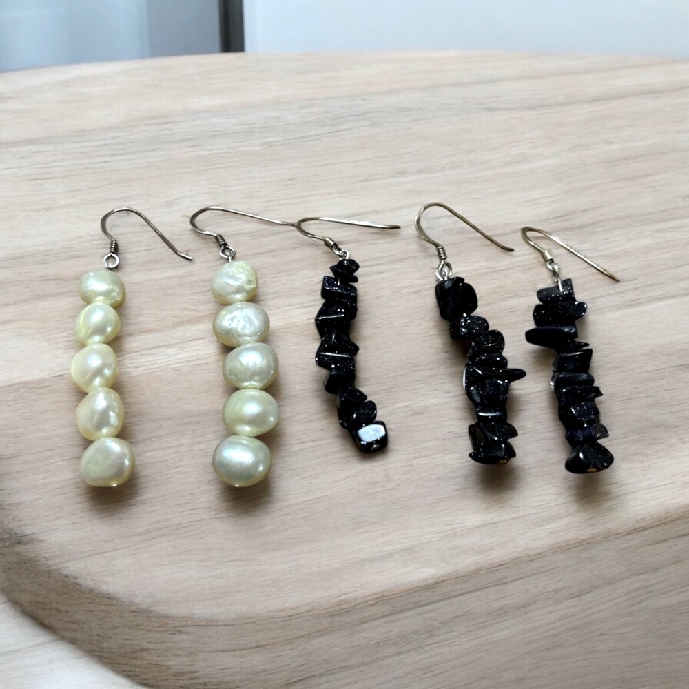 925 sterling silver pearl and dark sparkling stones earrings